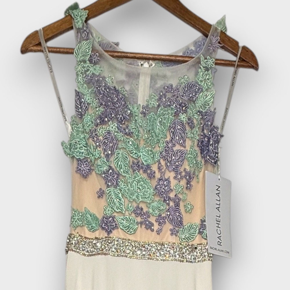 NEW Rachel Allan Prom Pageant Evening Gown Dress White Lavender Green Beads Sz 0 - Picture 2 of 13